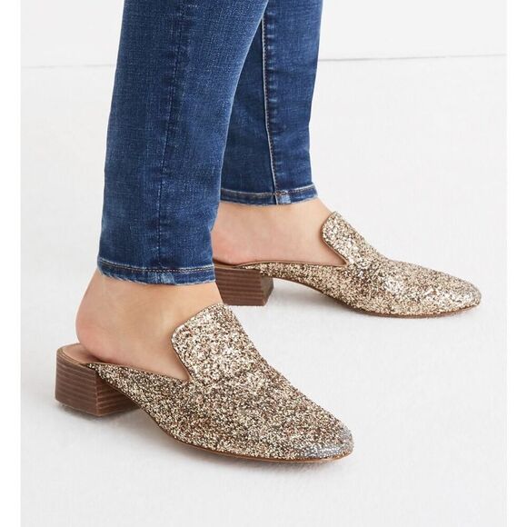 Madewell Shoes 7 1/2 The Willa Loafer Mule Gold Metallic Glitter 7.5 $128 - Picture 1 of 6